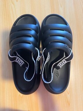 UGG  Black Puffer Slide Sandals with Logo Heel Strap